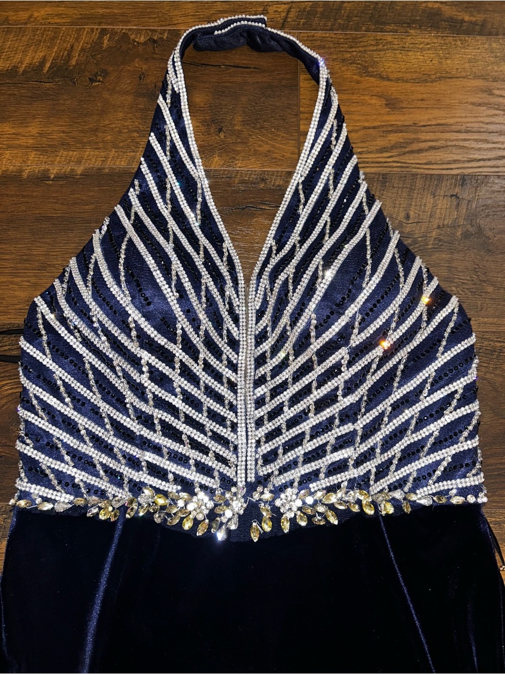 Amelia Couture Navy Velvet Halter Formal Dress with Beaded Bodice - Picture 2 of 16